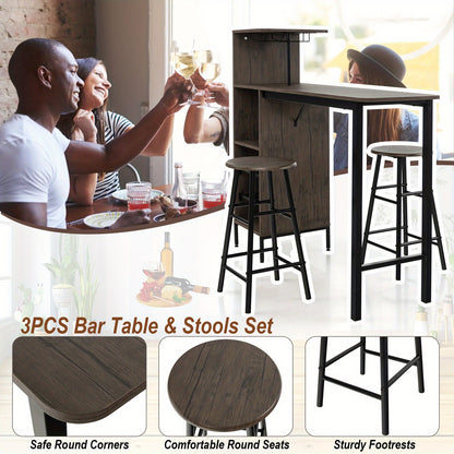 3pcs Bar Table and Chairs Set Industrial Pub Table & Stools w/6-Bottle Wine Rack