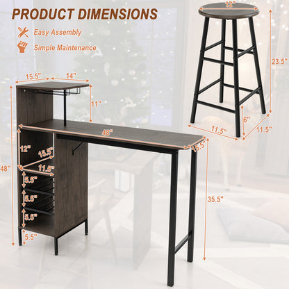 3pcs Bar Table and Chairs Set Industrial Pub Table & Stools w/6-Bottle Wine Rack