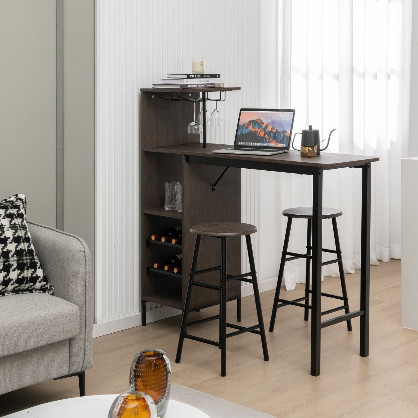 3pcs Bar Table and Chairs Set Industrial Pub Table & Stools w/6-Bottle Wine Rack