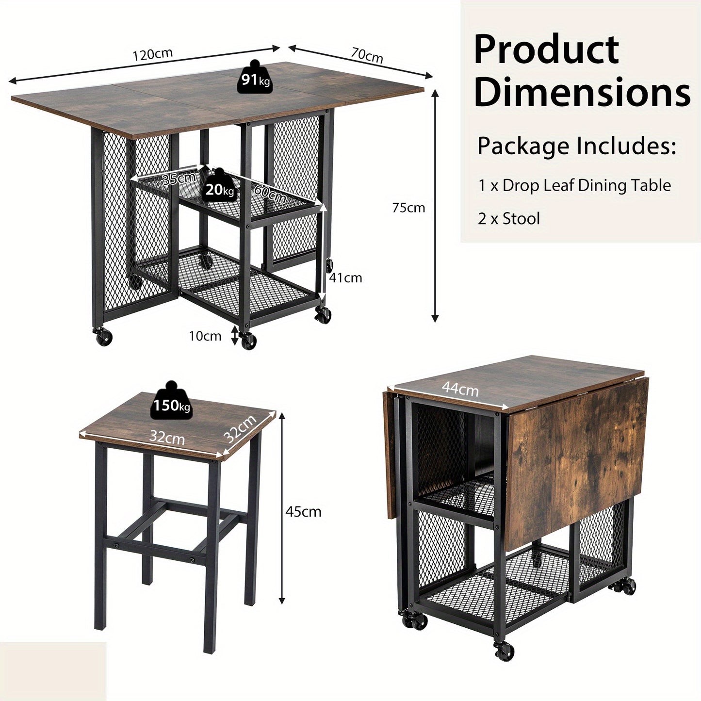 Klaptafel – Vouwtafel – Eettafel – Uitschuifbare Tafel – Krukset – Inklapbaar – Met 2 Opbergvakken – Zwenkwieltjes Met Rem – Compact Voor Kleine Ruimtes