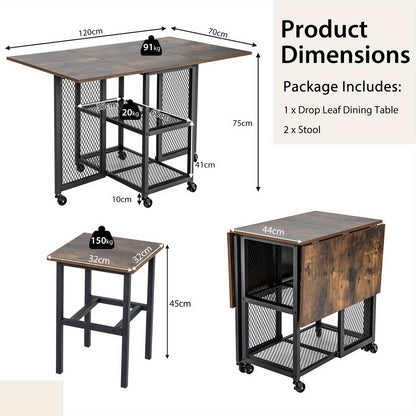 Klaptafel – Vouwtafel – Eettafel – Uitschuifbare Tafel – Krukset – Inklapbaar – Met 2 Opbergvakken – Zwenkwieltjes Met Rem – Compact Voor Kleine Ruimtes