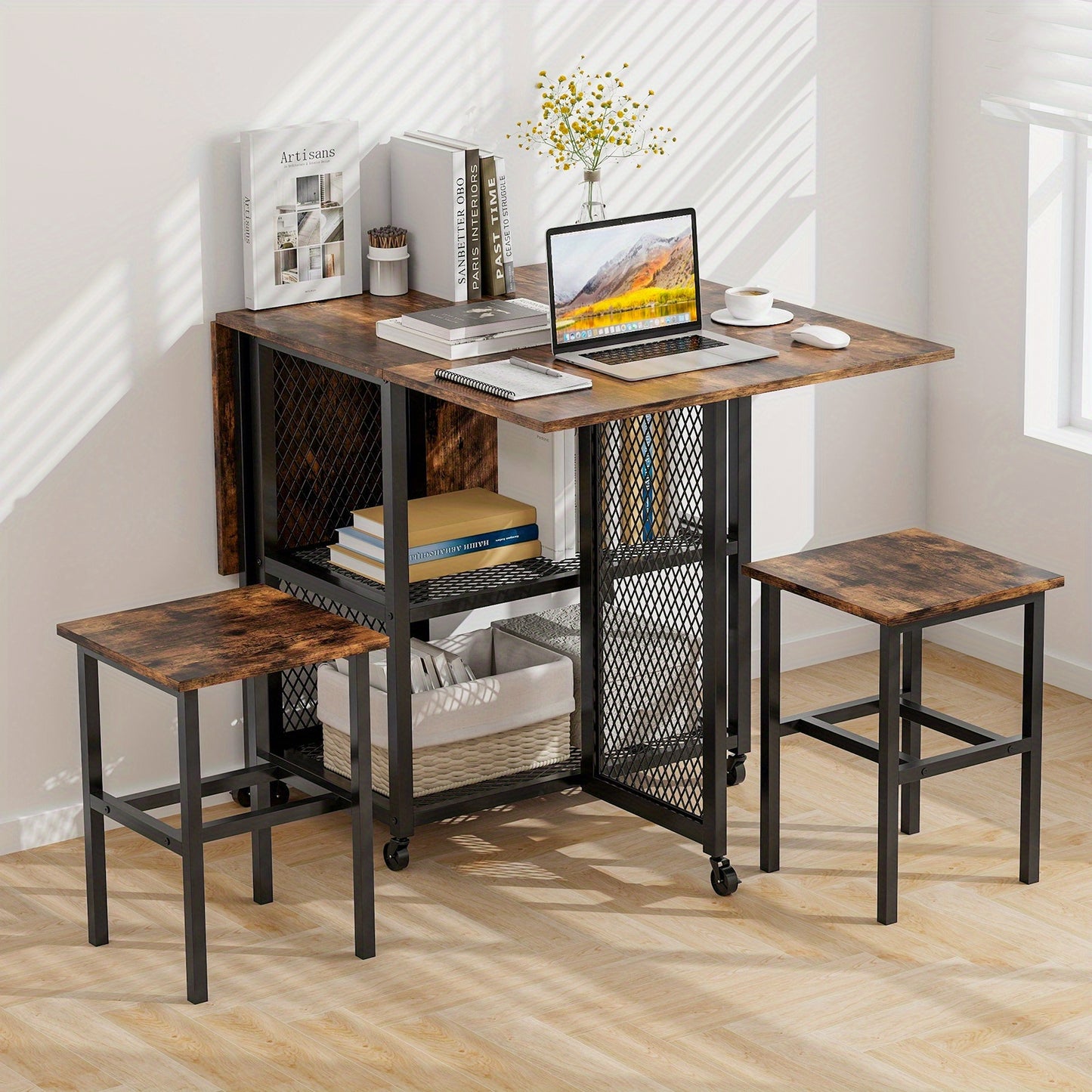 Klaptafel – Vouwtafel – Eettafel – Uitschuifbare Tafel – Krukset – Inklapbaar – Met 2 Opbergvakken – Zwenkwieltjes Met Rem – Compact Voor Kleine Ruimtes
