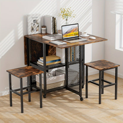 Klaptafel – Vouwtafel – Eettafel – Uitschuifbare Tafel – Krukset – Inklapbaar – Met 2 Opbergvakken – Zwenkwieltjes Met Rem – Compact Voor Kleine Ruimtes