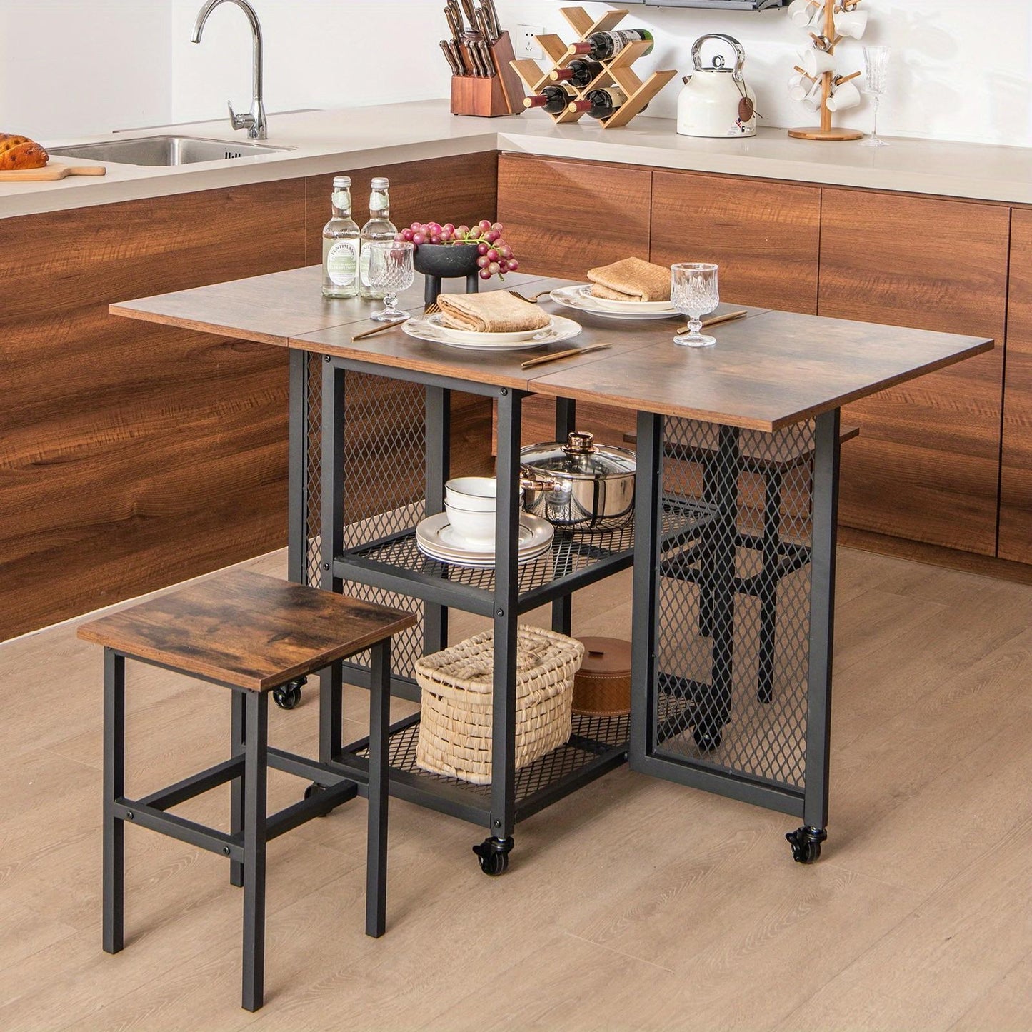 Klaptafel – Vouwtafel – Eettafel – Uitschuifbare Tafel – Krukset – Inklapbaar – Met 2 Opbergvakken – Zwenkwieltjes Met Rem – Compact Voor Kleine Ruimtes