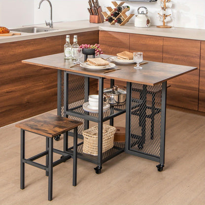 Klaptafel – Vouwtafel – Eettafel – Uitschuifbare Tafel – Krukset – Inklapbaar – Met 2 Opbergvakken – Zwenkwieltjes Met Rem – Compact Voor Kleine Ruimtes