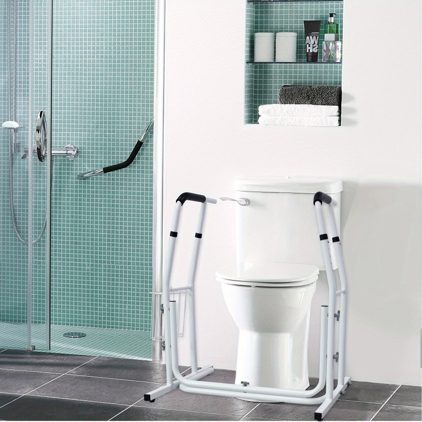 Toiletbeugel – Toiletverhoger – Toiletsteun – Sta-ophulp – Toiletframe – Verstelbaar in Hoogte – Inclusief Opbergbak – Carbon Staal – Max. 200 kg Belastbaar