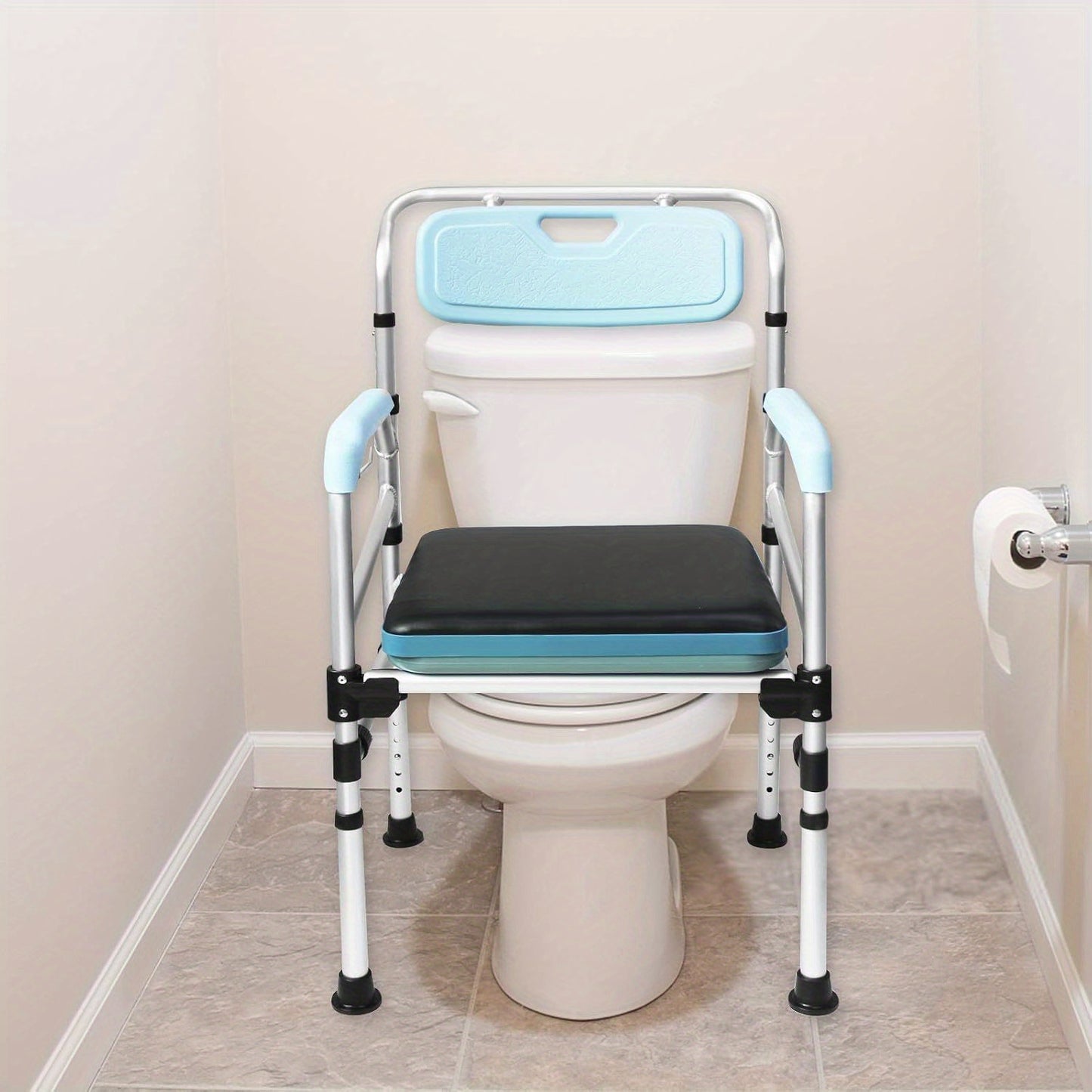 Toiletstoel – Postoel – WC Stoel – Commode Stoel – Douchestoel – In Hoogte Verstibaar – Ergonomische Rugleuning – Antislip Met Emmer – Blauw
