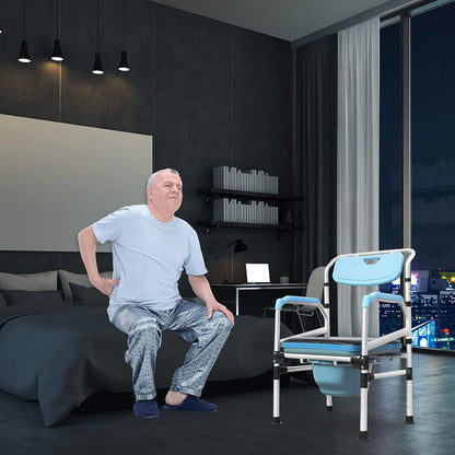 Toiletstoel – Postoel – WC Stoel – Commode Stoel – Douchestoel – In Hoogte Verstibaar – Ergonomische Rugleuning – Antislip Met Emmer – Blauw