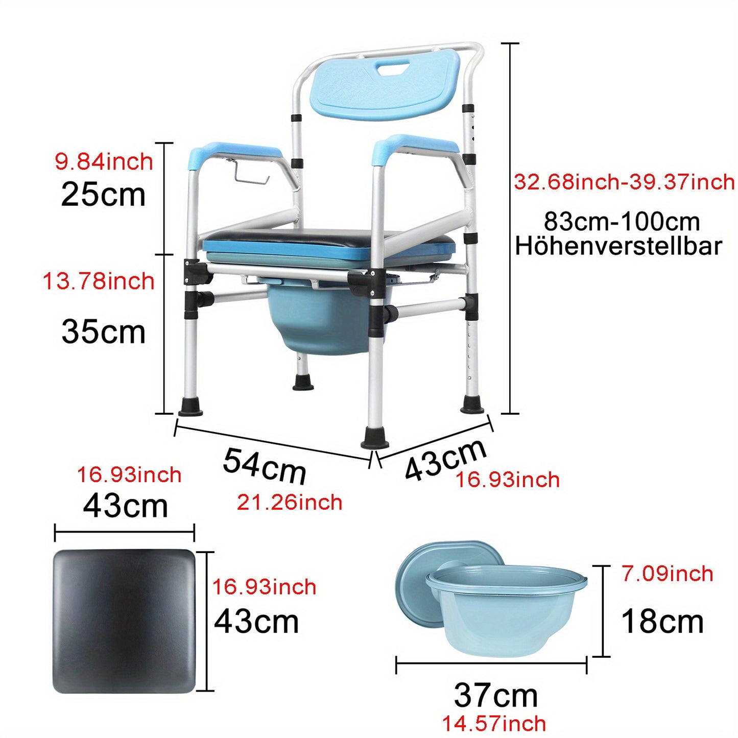 Toiletstoel – Postoel – WC Stoel – Commode Stoel – Douchestoel – In Hoogte Verstibaar – Ergonomische Rugleuning – Antislip Met Emmer – Blauw