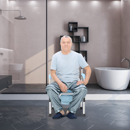Toiletstoel – Postoel – WC Stoel – Commode Stoel – Douchestoel – In Hoogte Verstibaar – Ergonomische Rugleuning – Antislip Met Emmer – Blauw