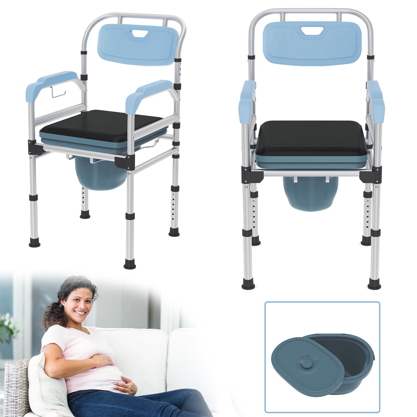 Toiletstoel – Postoel – WC Stoel – Commode Stoel – Douchestoel – In Hoogte Verstibaar – Ergonomische Rugleuning – Antislip Met Emmer – Blauw