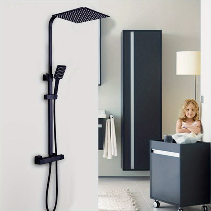 Doucheset – Regenset – Douchegarnituur – Handdouche – Douche-installatie – Thermostaatkraan – Vierkante Regendouche 30x30 cm – Messing & RVS Zwart