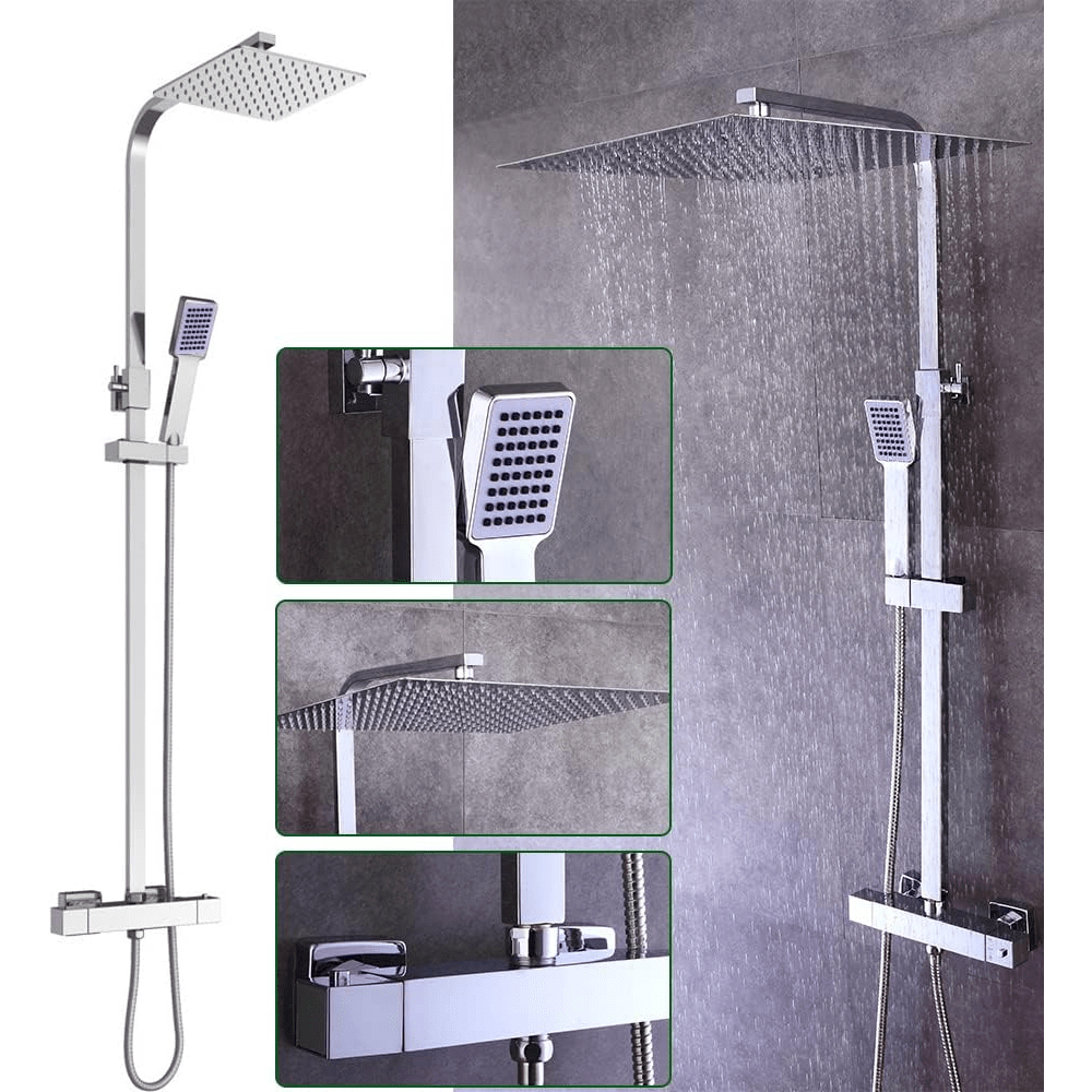 Thermostatisch Douchepaneel – Douche Set – Regendouche – Handdouche – Douchekraan – 30x30 cm Regendouche – Messing en RVS – Veiligheidsknop 38°C Veiligheid