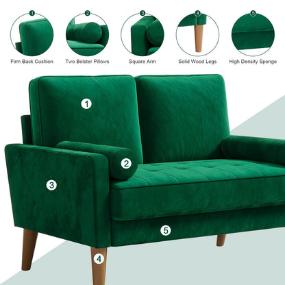 Velvet Loveseat – Kleine Bank – Moderne Settee – Fluwelen Sofa – Tufted Couch – Groen – Compact Formaat 121x77x87 cm – Stevige Spons Zitkussens