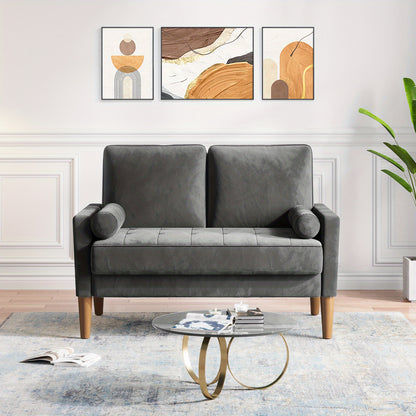 Velvet Loveseat – Kleine Bank – Moderne Sofa – Tufted Zitzetel – Settee – Compact Formaat – Duurzaam Hardhouten Frame – Zachte Grijze Velvet