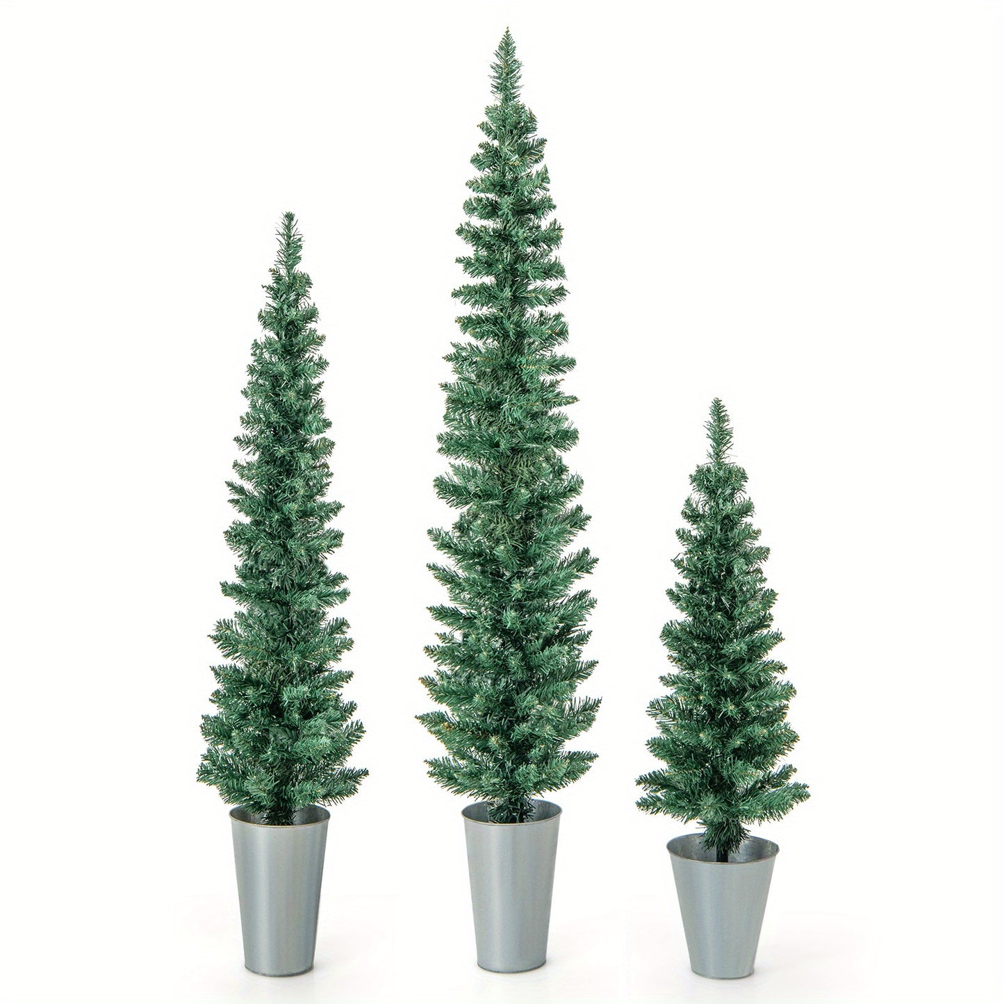 Kerstboom Kunstboom – Kunstkerstboom – Nepboom – Kerstversiering – Tafelkerstboom – Set Van 3 – Slanke Potgebonden Boompjes – Hoogtes 90/120/150 cm – Stevige Metalen Potten