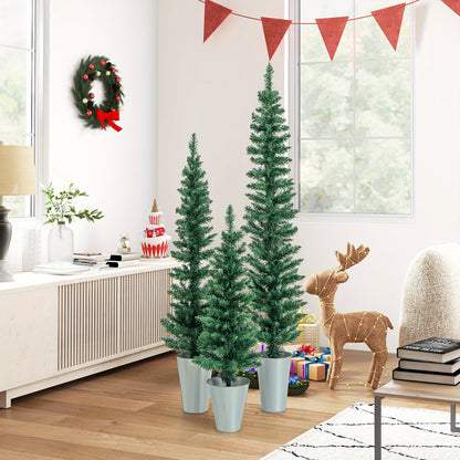 Kerstboom Kunstboom – Kunstkerstboom – Nepboom – Kerstversiering – Tafelkerstboom – Set Van 3 – Slanke Potgebonden Boompjes – Hoogtes 90/120/150 cm – Stevige Metalen Potten