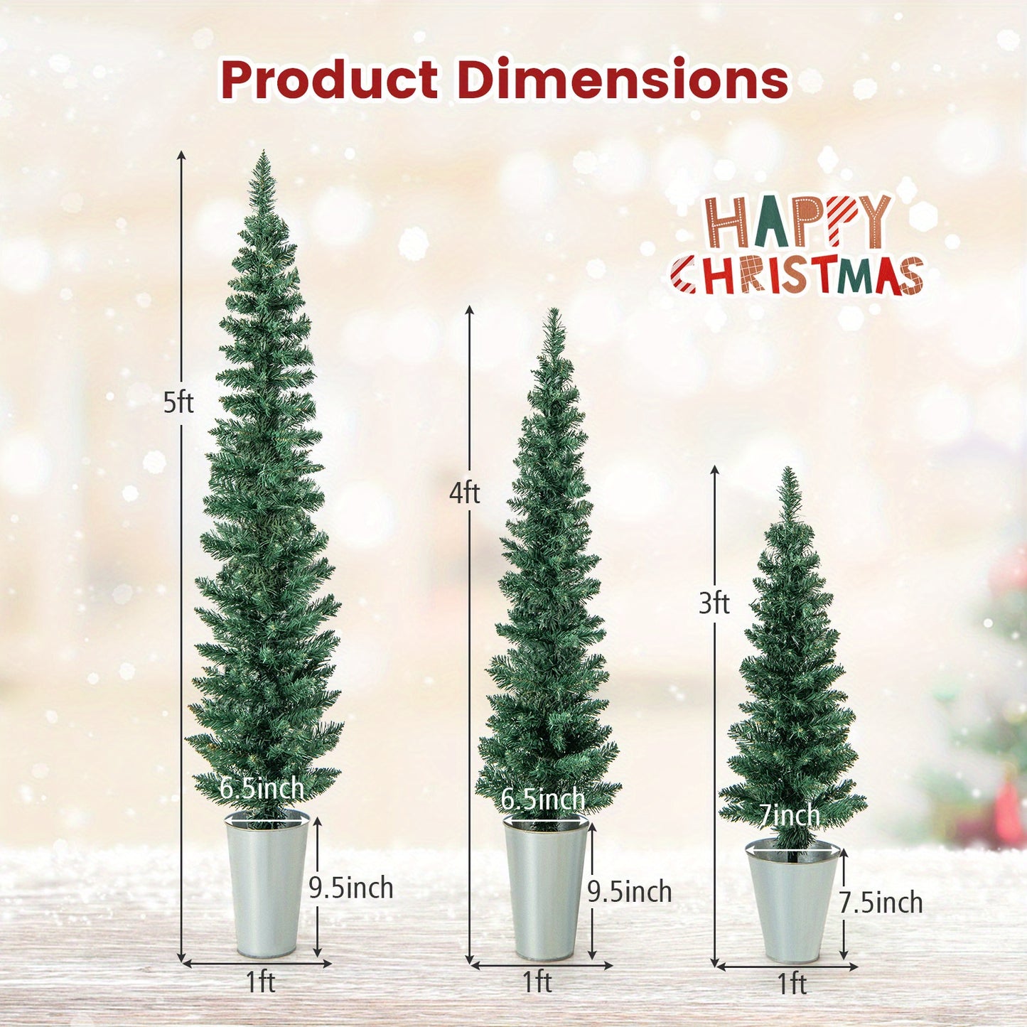 Kerstboom Kunstboom – Kunstkerstboom – Nepboom – Kerstversiering – Tafelkerstboom – Set Van 3 – Slanke Potgebonden Boompjes – Hoogtes 90/120/150 cm – Stevige Metalen Potten