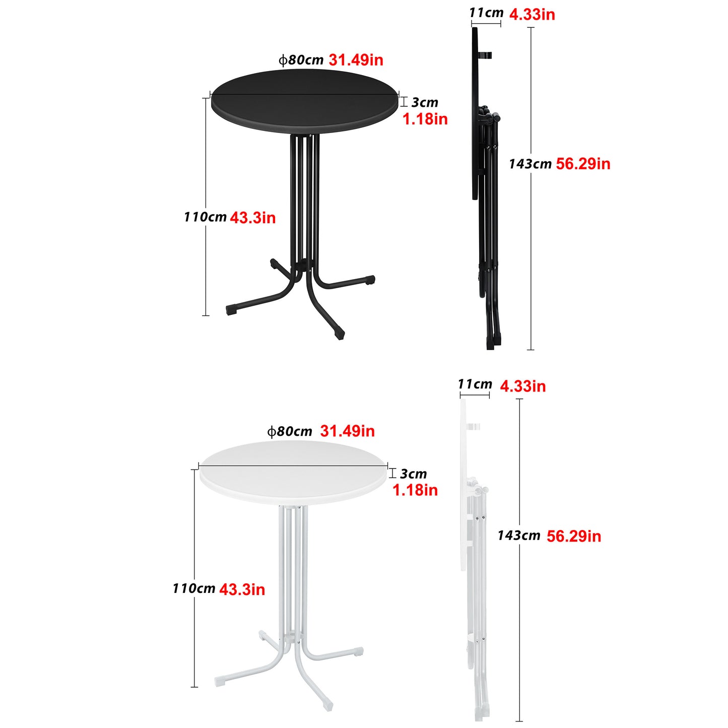 Bistrotafel – Bartafel – Tuintafel – Eettafel – Ronde Tafel – Opvouwbaar – Weerbestendig – Metalen Frame – Ø80 cm – 110 cm Hoog