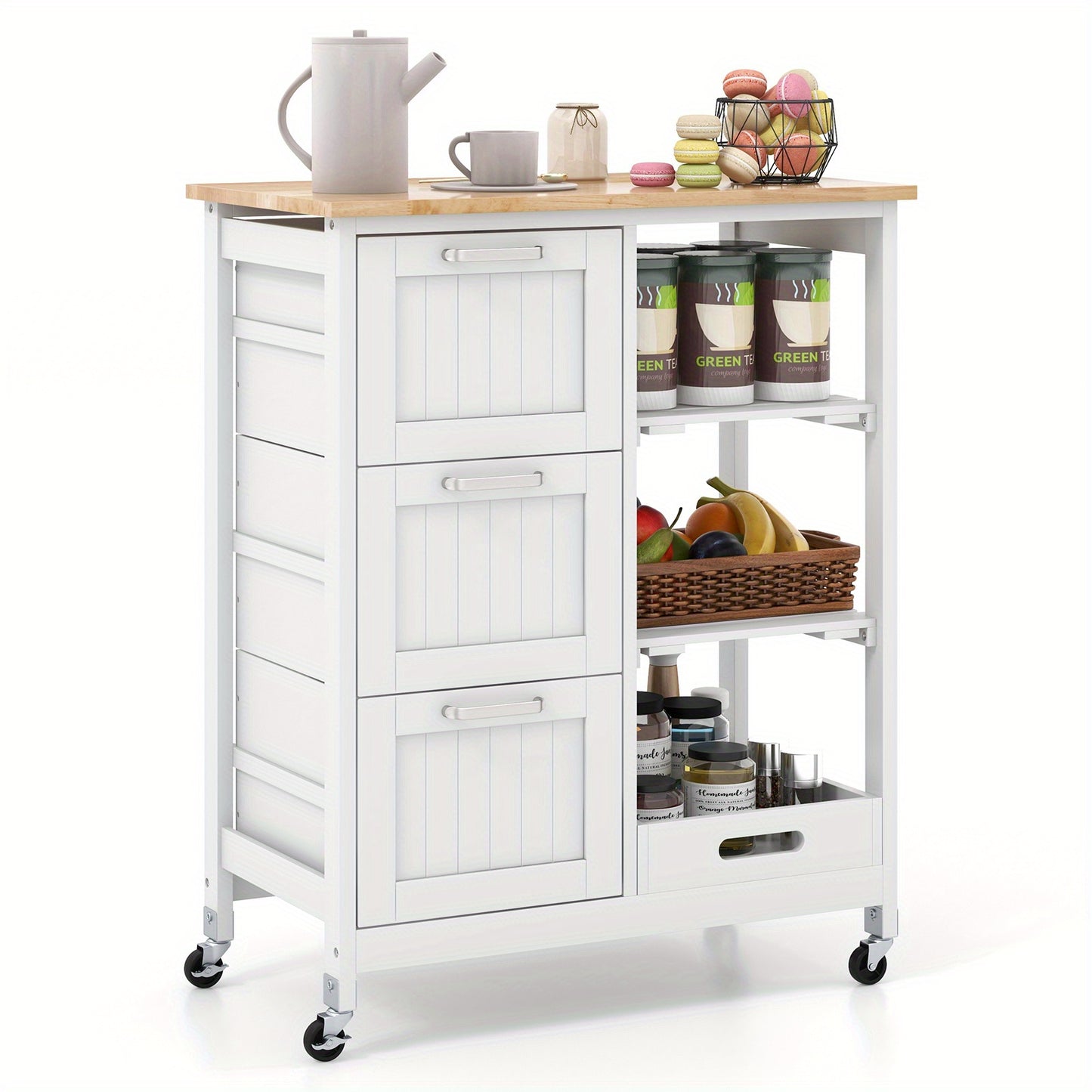 Keukentrolley – Keukenkar – Serveerwagen – Keukenwagen – Opbergtrolley – Rubberhout & Kunststof – 3 Laden & 2 Legplanken – Verrijdbaar 67x37x82,5 cm