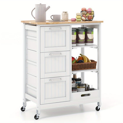Keukentrolley – Keukenkar – Serveerwagen – Keukenwagen – Opbergtrolley – Rubberhout & Kunststof – 3 Laden & 2 Legplanken – Verrijdbaar 67x37x82,5 cm