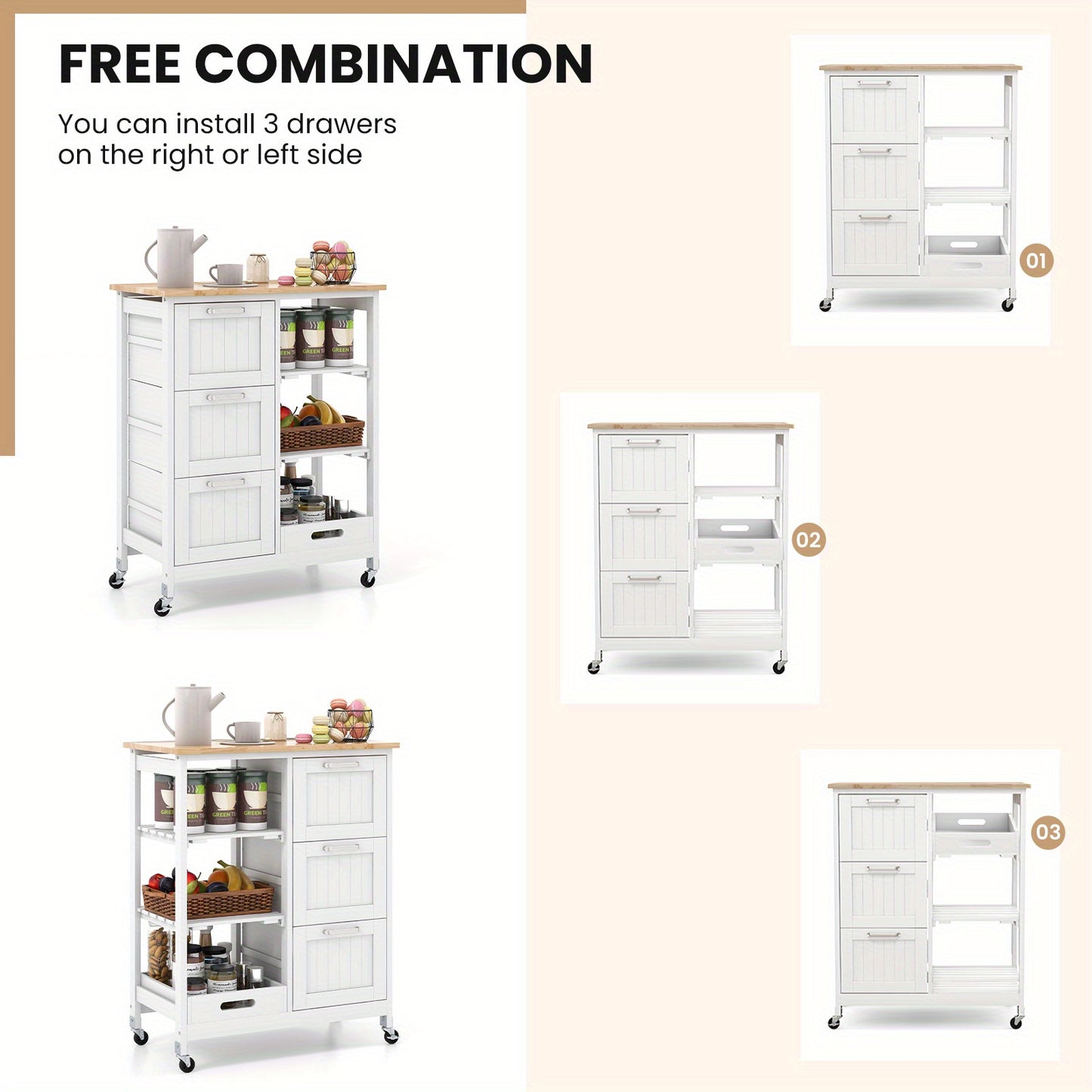 Keukentrolley – Keukenkar – Serveerwagen – Keukenwagen – Opbergtrolley – Rubberhout & Kunststof – 3 Laden & 2 Legplanken – Verrijdbaar 67x37x82,5 cm