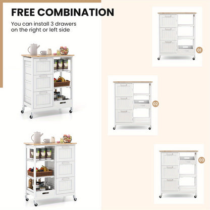 Keukentrolley – Keukenkar – Serveerwagen – Keukenwagen – Opbergtrolley – Rubberhout & Kunststof – 3 Laden & 2 Legplanken – Verrijdbaar 67x37x82,5 cm