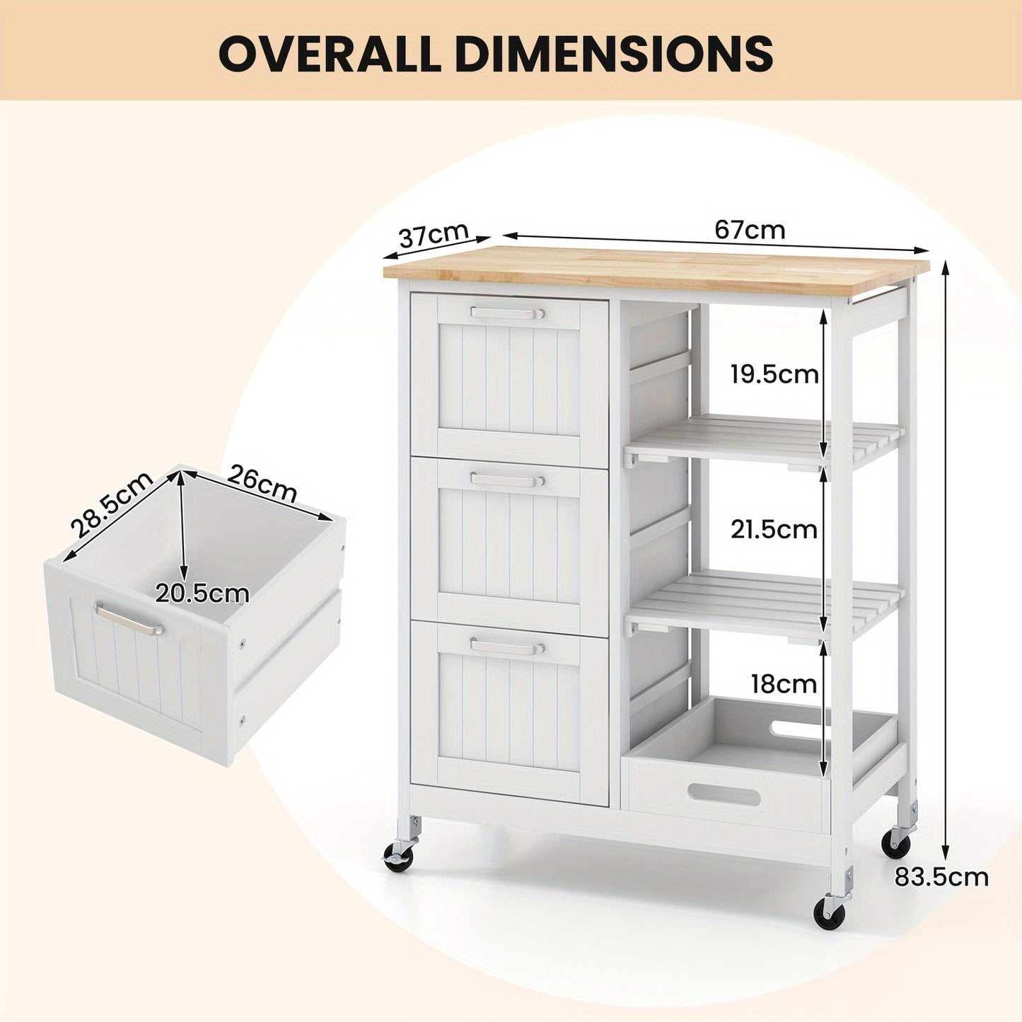 Keukentrolley – Keukenkar – Serveerwagen – Keukenwagen – Opbergtrolley – Rubberhout & Kunststof – 3 Laden & 2 Legplanken – Verrijdbaar 67x37x82,5 cm
