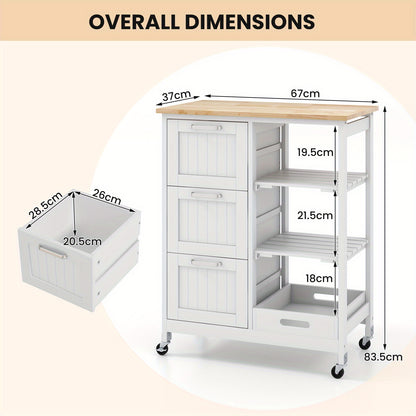 Keukentrolley – Keukenkar – Serveerwagen – Keukenwagen – Opbergtrolley – Rubberhout & Kunststof – 3 Laden & 2 Legplanken – Verrijdbaar 67x37x82,5 cm