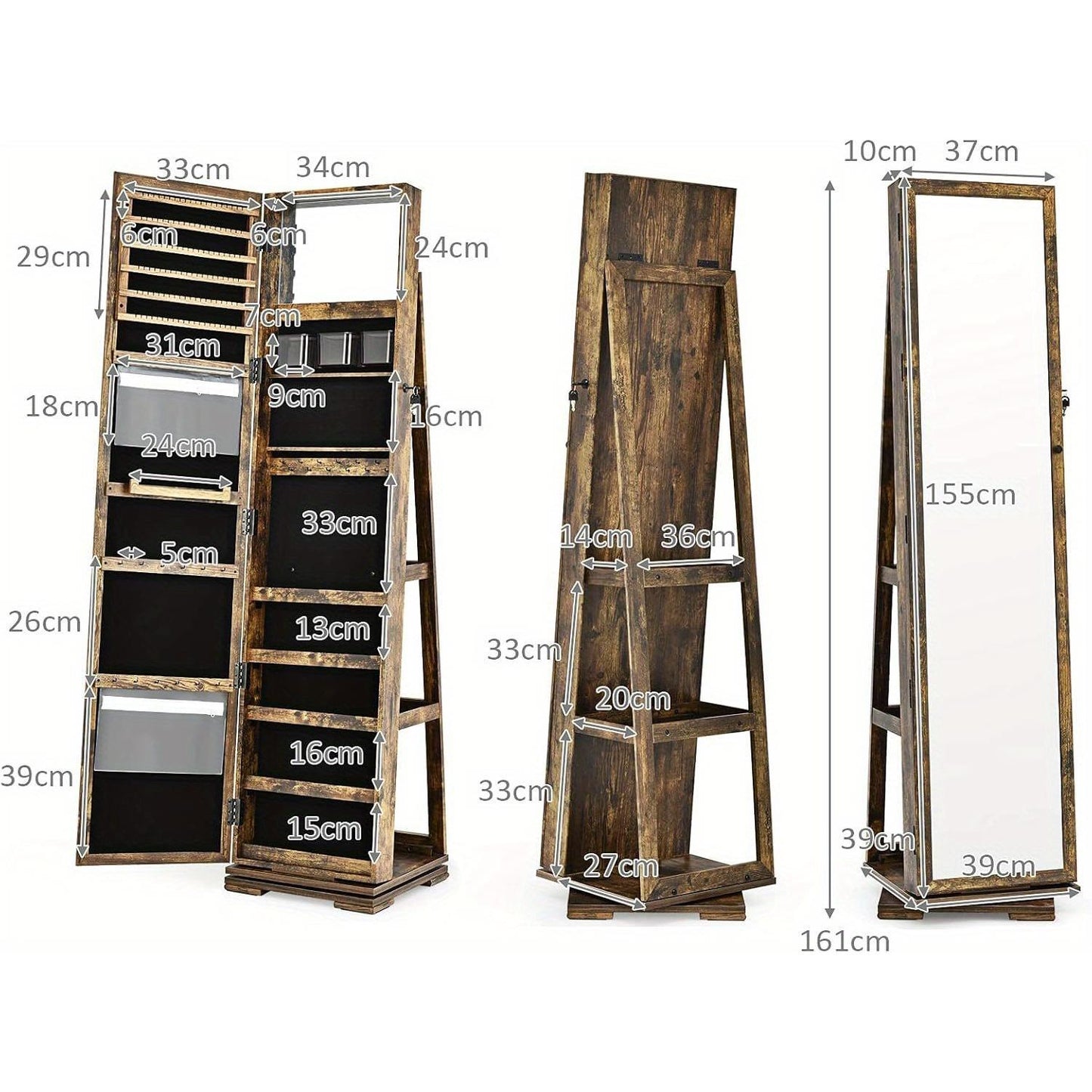 Sieradendoos – Sieradenkast – Sieradenrek – Sieradenopberger – Make-upkast – Met Spiegel – Met Slot – MDF – Compact 39x39x161 cm