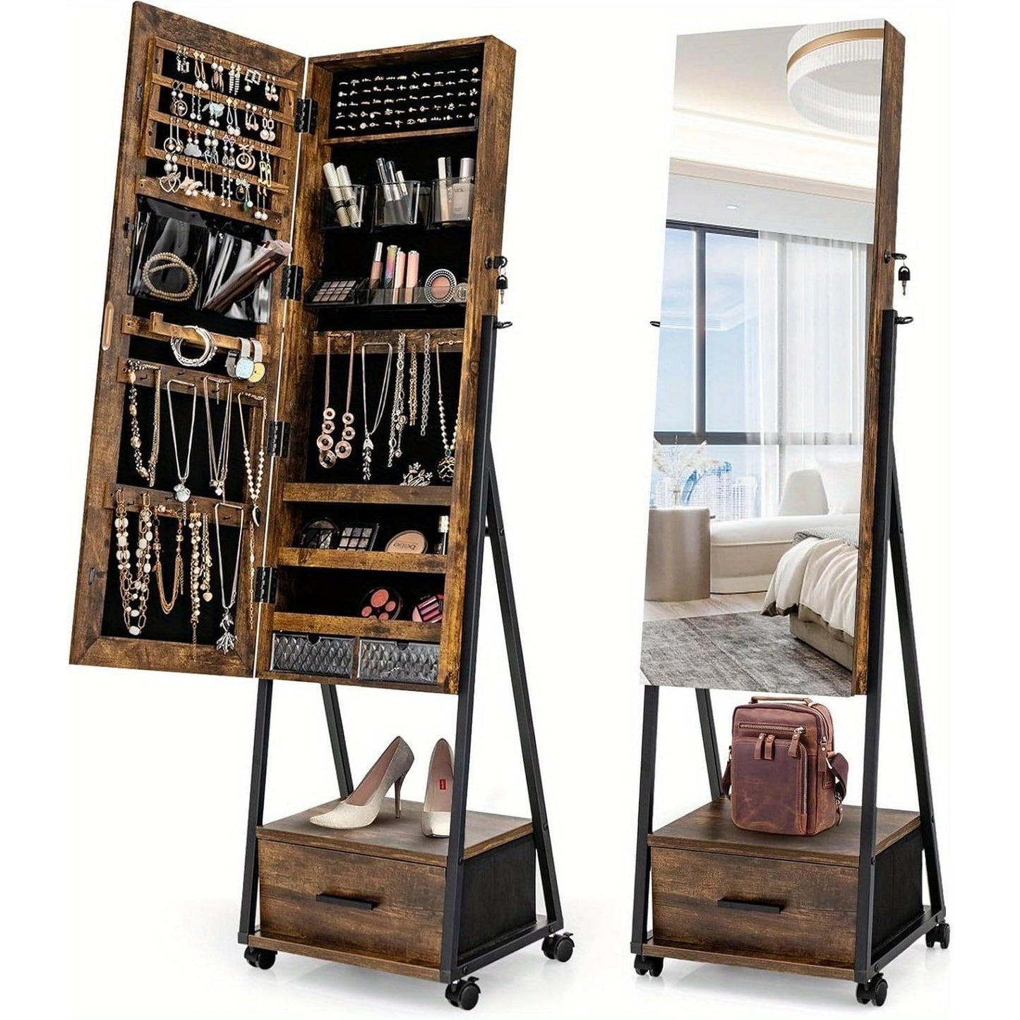 Sieradenkast – Spiegelkast – Juwelenkast – Opbergkast – Staande Passpiegel – Met Lade – Met 72 Oorbellenplaatsen – Metaal & MDF – 42x38x157 cm – Bruin