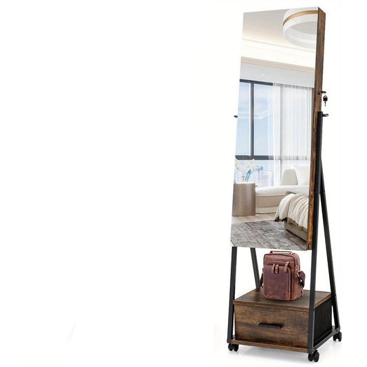Sieradenkast – Spiegelkast – Juwelenkast – Opbergkast – Staande Passpiegel – Met Lade – Met 72 Oorbellenplaatsen – Metaal & MDF – 42x38x157 cm – Bruin