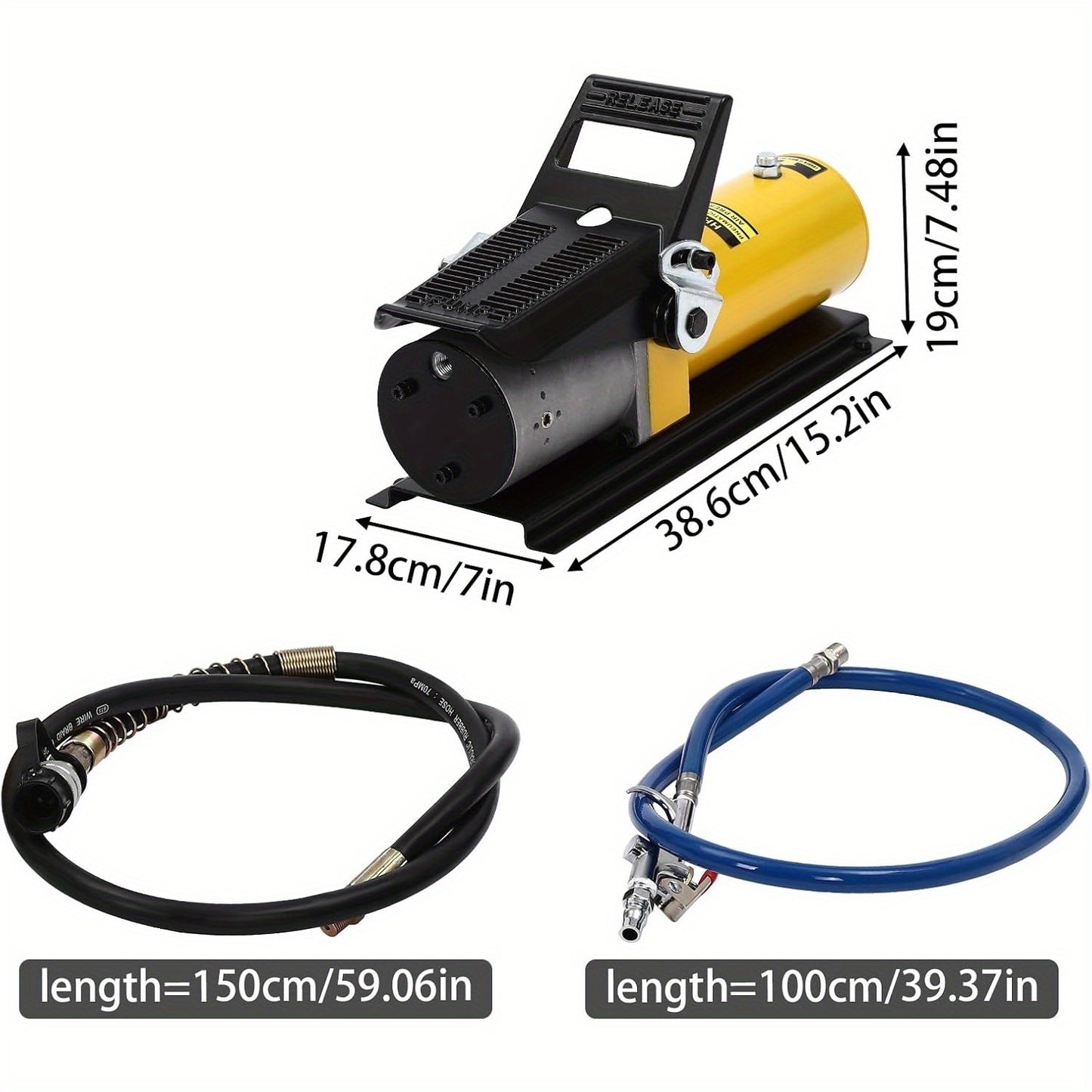 Hydraulische voetpomp – Luchtbediende voetpomp – Hydraulische handpomp – Industriële voetpomp – Werkplaats voetpomp – 10.000 PSI Max Druk – 690cm³ Tankinhoud – 1,5m Brandstofslang – Compact & Duurzaam staal