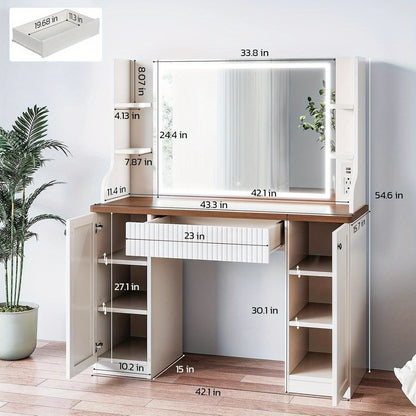 Kaptafel – Make-up Tafel – Dressing Table – Cosmeticatafel – Vanity Desk – Beige & Bruin – Ruime Opbergruimte 110 cm – Massief Hout & Glas