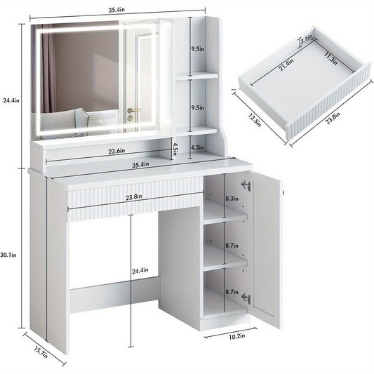 Make-up Tafel – Make-up Bureau – Kaptafel – Schoonheidstafel – Visagie Tafel – Wit Hout & Glas – 90 cm Breedte – 3,2 Kubieke Voet Opbergruimte – Inclusief Zachte Zitbank
