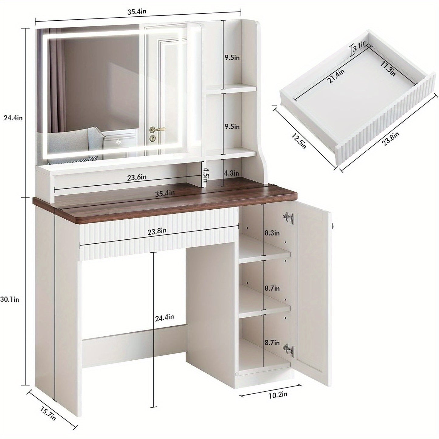 Kaptafel – Make-up Tafel – Cosmeticatafel – Vanity Tafel – Dressing Table – Wit MDF & Glas – 2 Lades en Zachte Kruk – 90 cm Breedte en 69 cm Hoogte