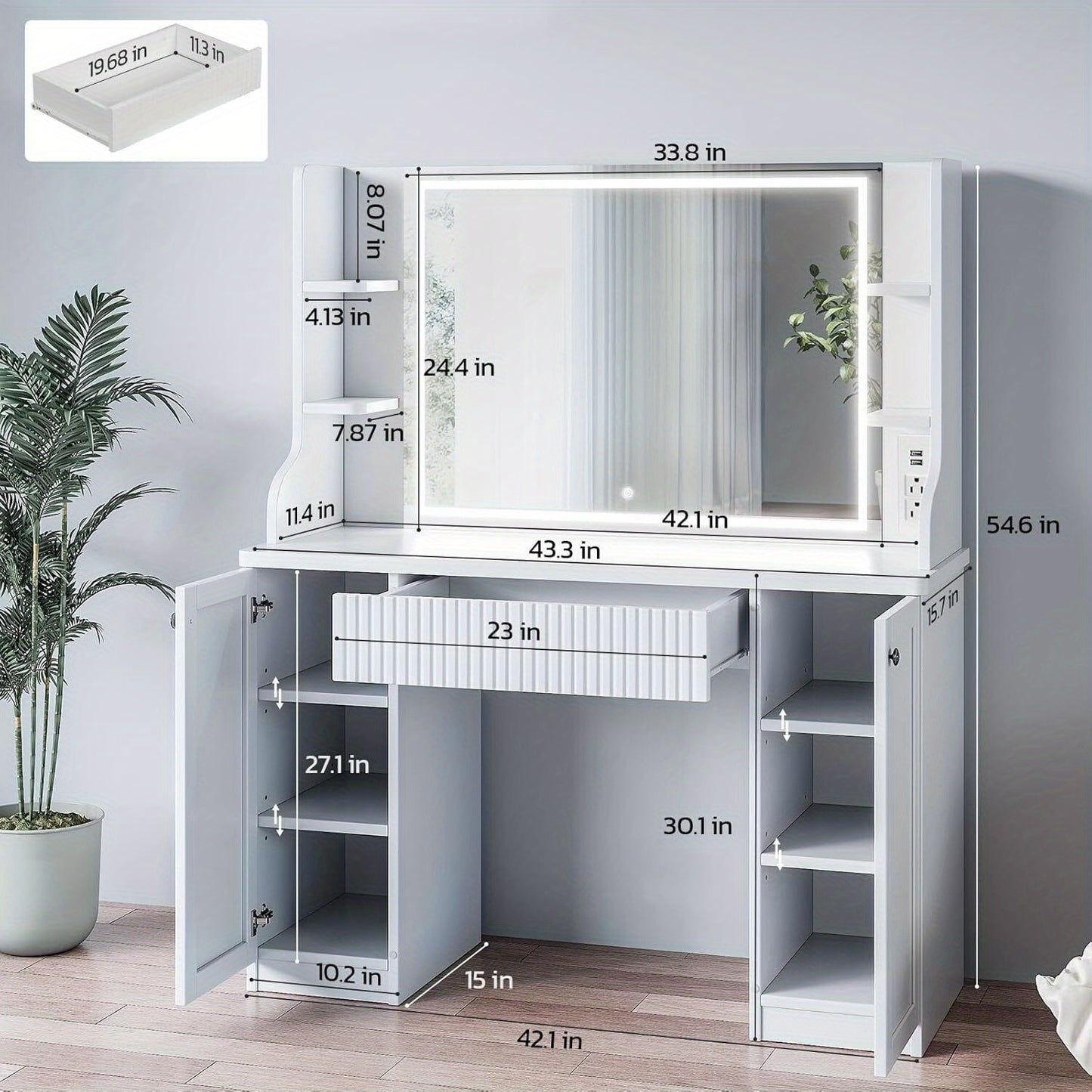 Make-up Tafel – Kaptafel – Dressing Table – Make-up Desk – Schminktisch – Wit Hout & Glas – 110 cm Breed – 2 Laden & Verstelbare Planken – Zachte Kruk – Compact & Functioneel