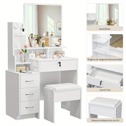 Make-up Tafel – Schoonheidstafel – Visagiehoek – Make-up Bureau – Vanity Table – Luxe Wit Design – 4 Lades & Open Planken – Zacht PU Leren Krukje