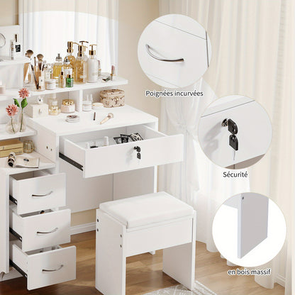 Make-up Tafel – Schoonheidstafel – Visagiehoek – Make-up Bureau – Vanity Table – Luxe Wit Design – 4 Lades & Open Planken – Zacht PU Leren Krukje