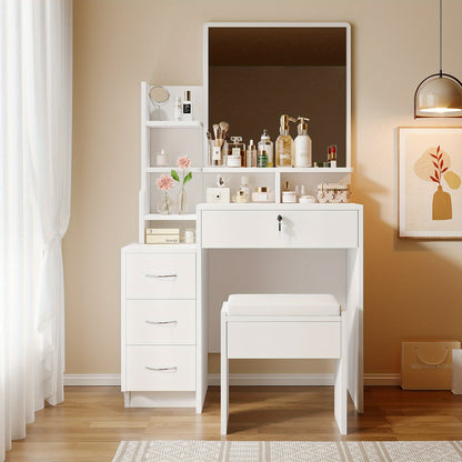 Make-up Tafel – Schoonheidstafel – Visagiehoek – Make-up Bureau – Vanity Table – Luxe Wit Design – 4 Lades & Open Planken – Zacht PU Leren Krukje