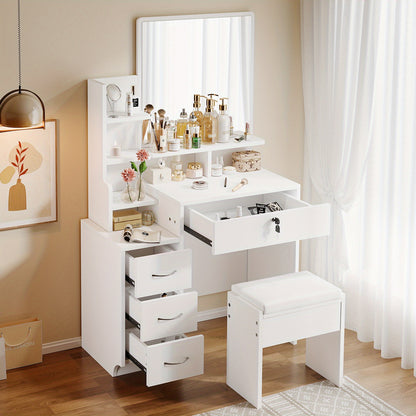 Make-up Tafel – Schoonheidstafel – Visagiehoek – Make-up Bureau – Vanity Table – Luxe Wit Design – 4 Lades & Open Planken – Zacht PU Leren Krukje