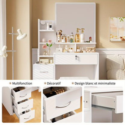Make-up Tafel – Schoonheidstafel – Visagiehoek – Make-up Bureau – Vanity Table – Luxe Wit Design – 4 Lades & Open Planken – Zacht PU Leren Krukje