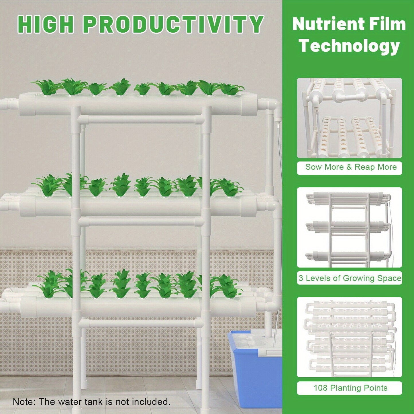 Hydroponicsysteem – Hydrocultuursysteem – Kweekset – Plantenbak – Hydrocultuur Rek – 3 Lagen – 108 Plantplaatsen – Duurzaam PVC – Efficiënt Watercirculatiesysteem