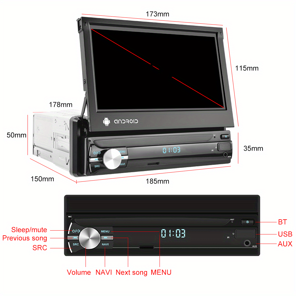 Autoradio – Autostereo – Carplayer – Radioontvanger – Multimedia Speler – 7 Inch Uitklapbaar Scherm – Draadloos Android 13 Met DVR Camera - QUORE