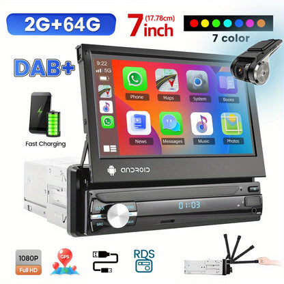 Autoradio – Autoradiosysteem – Car Radio – Autostereo – Multimedia Radio – 7 Inch Uitklapbaar Touchscreen – Draadloos CarPlay & Android Auto Met DVR Camera