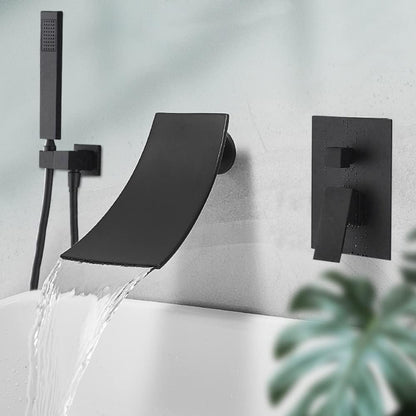 Zwarte Waterval Wandkraan – Badkraan – Douchekraan – Handdouche – Wandmengkraan – Enkele Hendel – Brushed Metal Afwerking – Koperen Klep