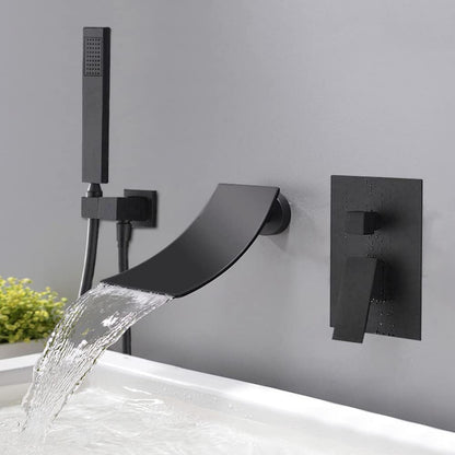 Zwarte Waterval Wandkraan – Badkraan – Douchekraan – Handdouche – Wandmengkraan – Enkele Hendel – Brushed Metal Afwerking – Koperen Klep