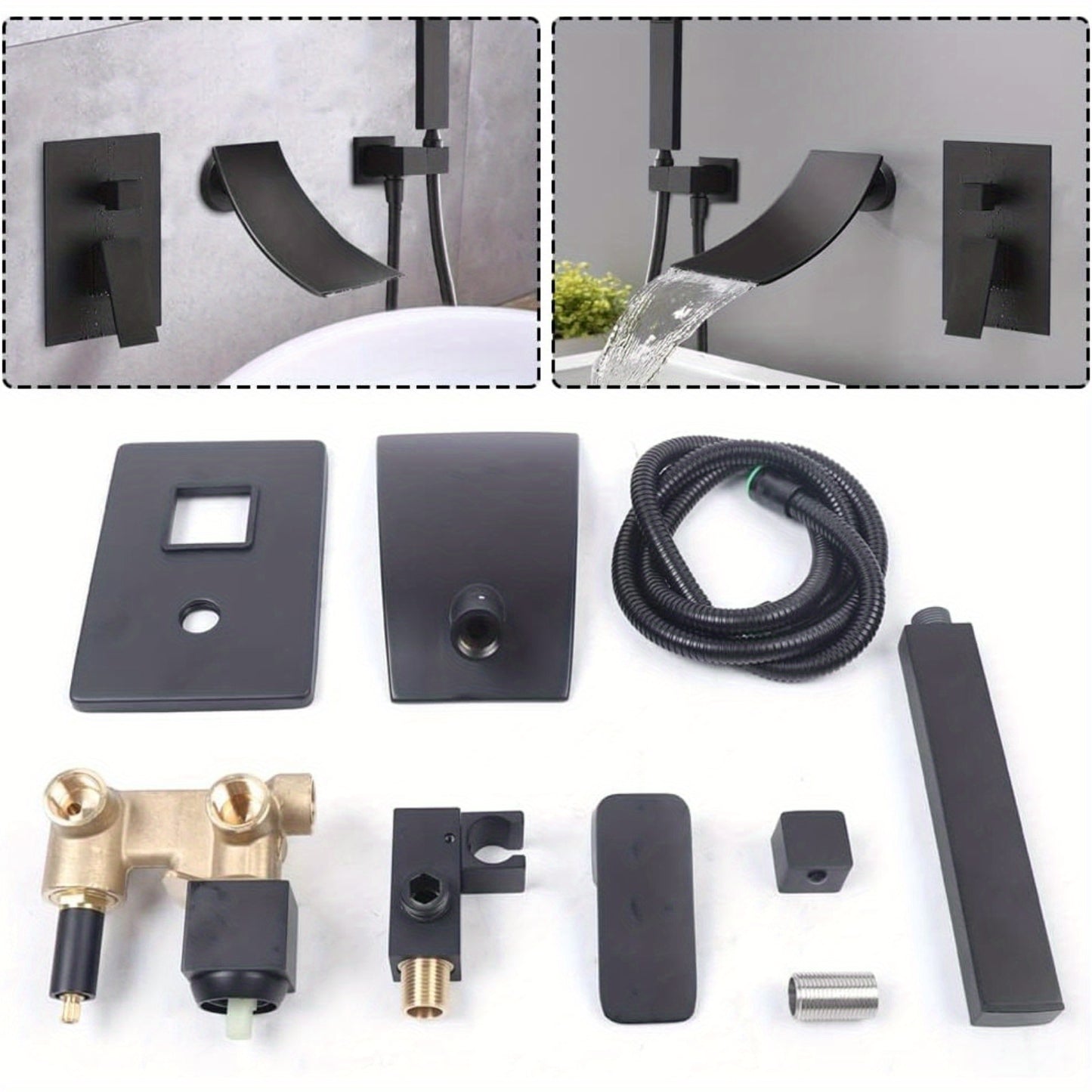 Zwarte Waterval Wandkraan – Badkraan – Douchekraan – Handdouche – Wandmengkraan – Enkele Hendel – Brushed Metal Afwerking – Koperen Klep