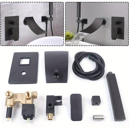 Zwarte Waterval Wandkraan – Badkraan – Douchekraan – Handdouche – Wandmengkraan – Enkele Hendel – Brushed Metal Afwerking – Koperen Klep