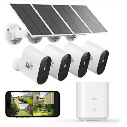 Draadloos Beveiligingssysteem – Beveiligingscamera’s – Buitencamera’s – Camerabewaking – Zonne-energie Camera’s – 4 Camera’s + Basisstation – 2K QHD Resolutie – 166° Ultra-brede Kijkhoek